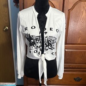 Graphic White Long Sleeve Tie-Front Top